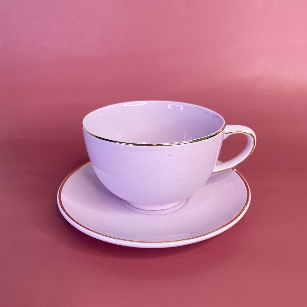 Teleflora Gifts Teacup & Saucer Coffee Cup Gold Trim Pinkish Lavender
